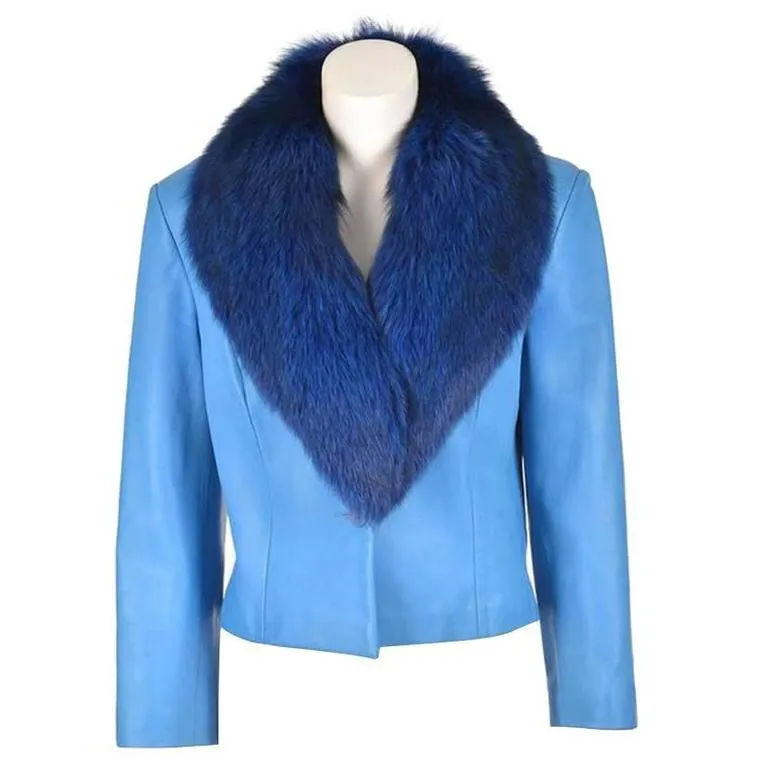 1990s Michael Hoban Blue Leather and Fox Fur Jacket