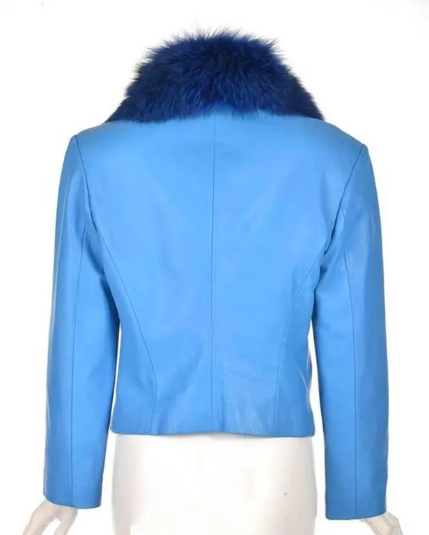 1990s Michael Hoban Blue Leather and Fox Fur Jacket