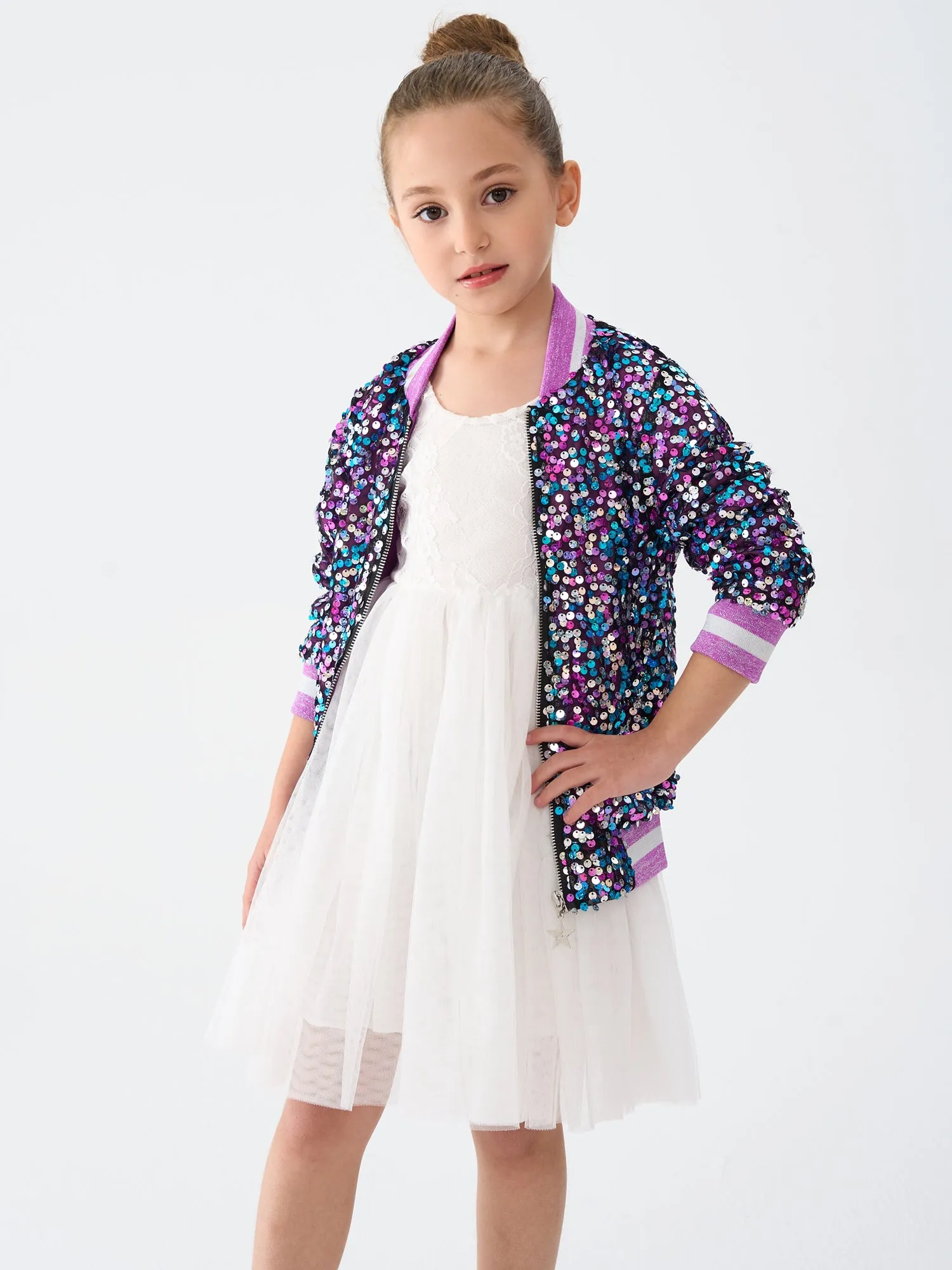 2Bunnies Girls' Amethyst Dream Sequin Bomber Jacket