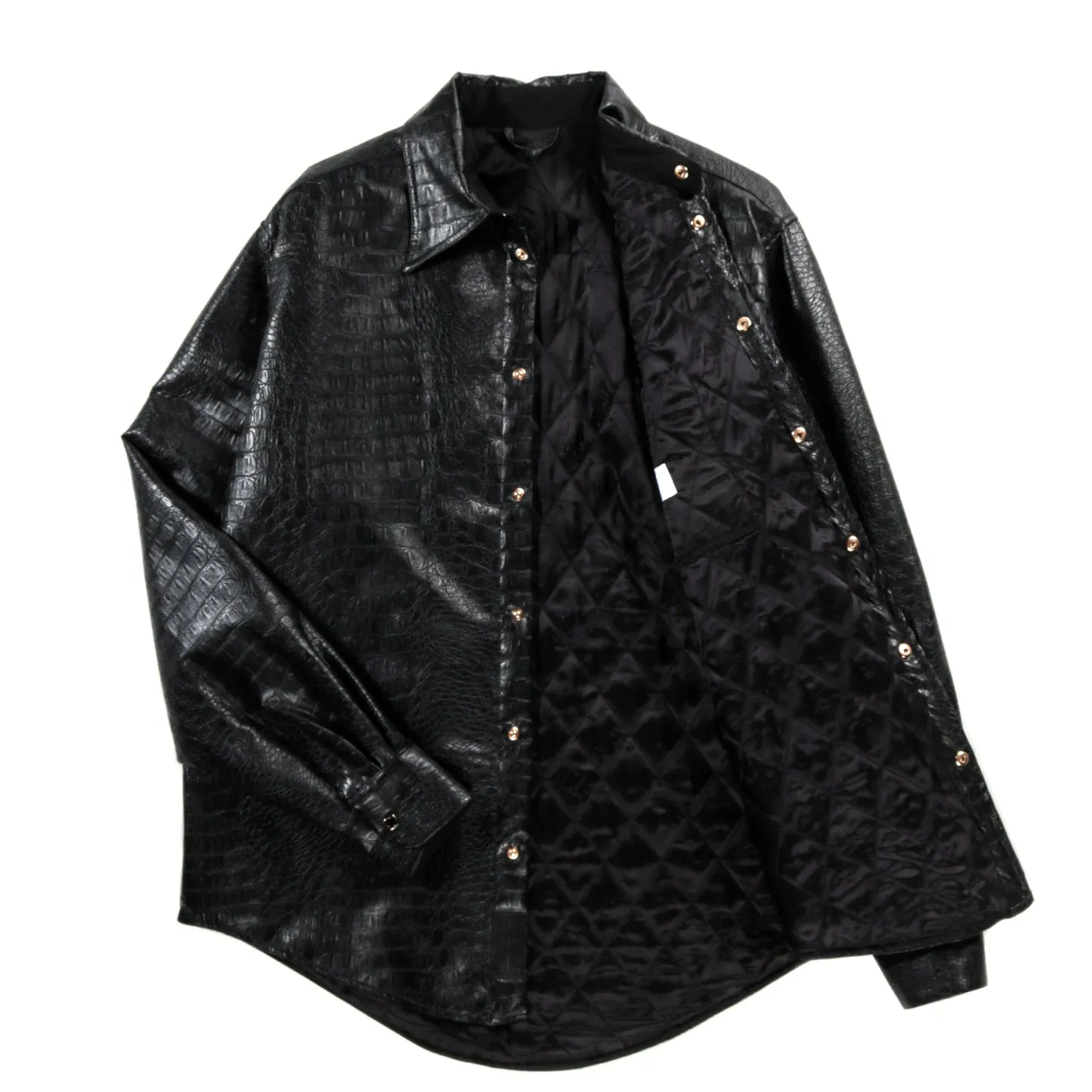 4SDESIGNS QUILTED BD SHIRT JACKET BLACK 15OZ. CROC LEATHERETTE JERSEY