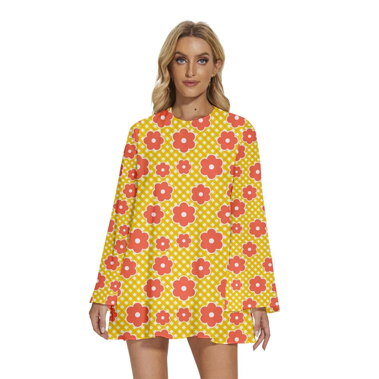 70s Dress Style, GOGO dress, Bell Sleeve Dress, Yellow Mod Dress, 70s mini dress, Boho Dress, Bohemian dress, Hippie Dress