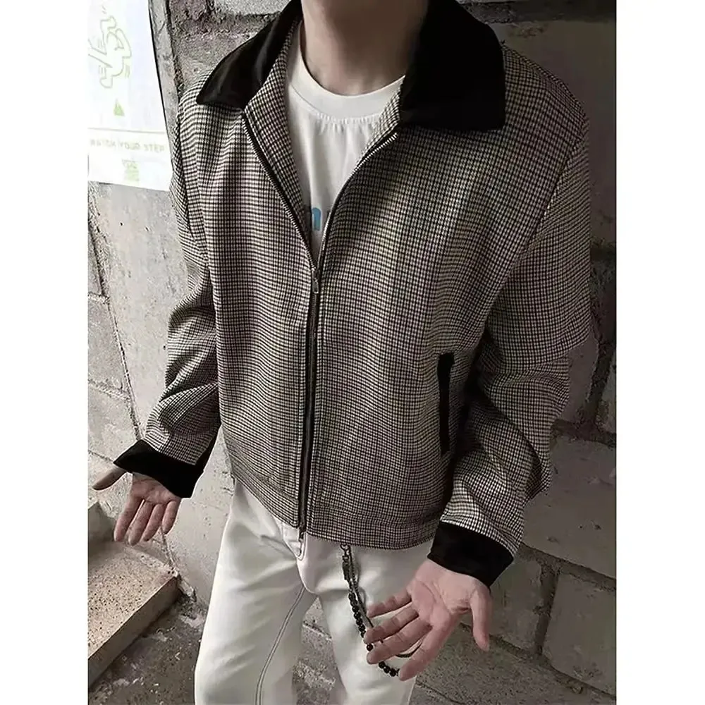 Aidase American Retro Color-blocked Houndstooth Short Coat Men Trendy Spring Autumn Y2K High End Handsome Small Fragrant Apel Jacket