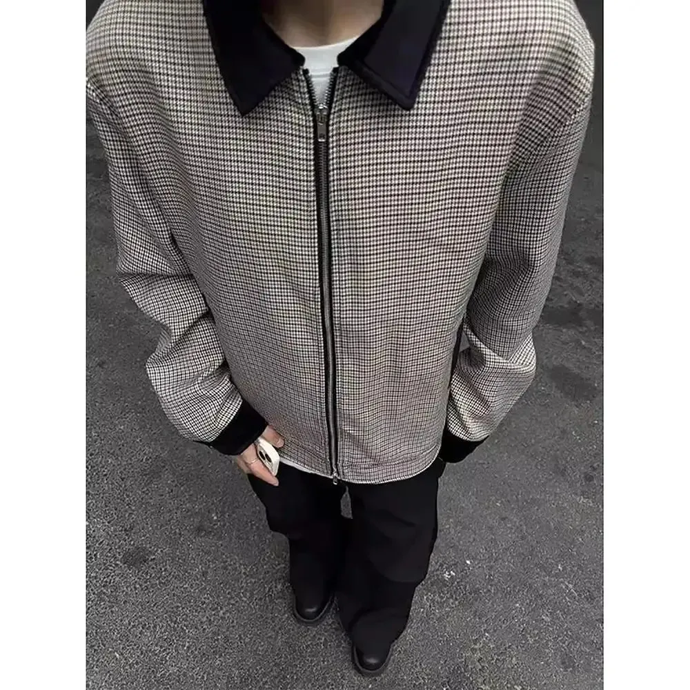 Aidase American Retro Color-blocked Houndstooth Short Coat Men Trendy Spring Autumn Y2K High End Handsome Small Fragrant Apel Jacket