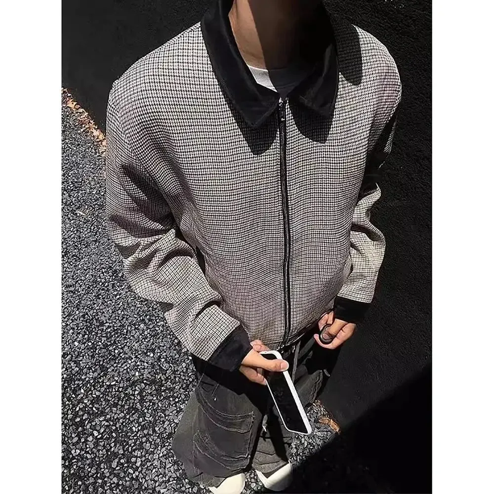 Aidase American Retro Color-blocked Houndstooth Short Coat Men Trendy Spring Autumn Y2K High End Handsome Small Fragrant Apel Jacket