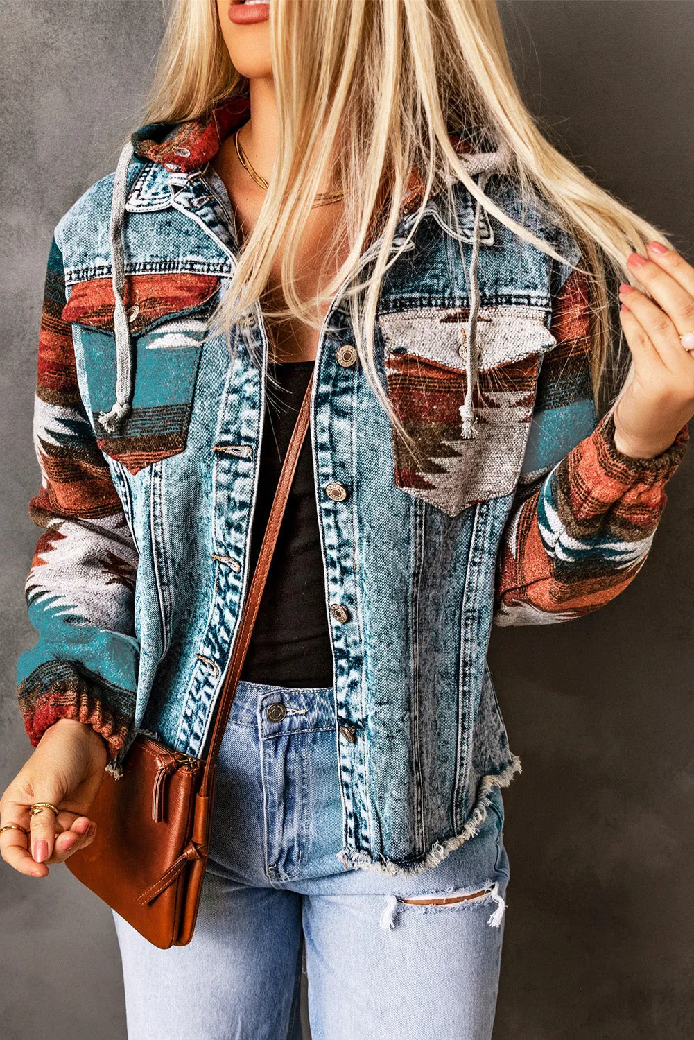 Aztec Print Frayed Hem Denim Jacket