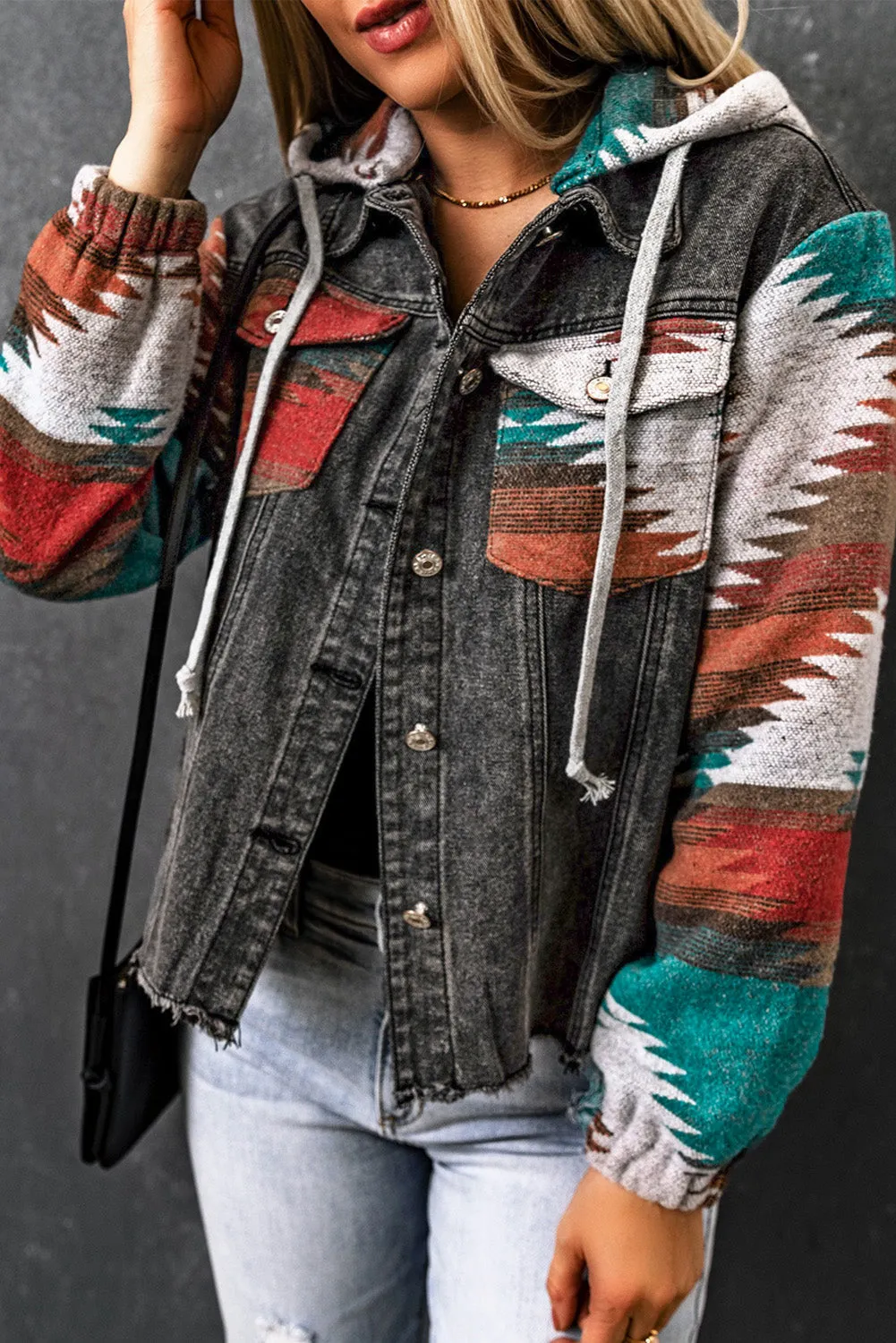 Aztec Print Frayed Hem Denim Jacket