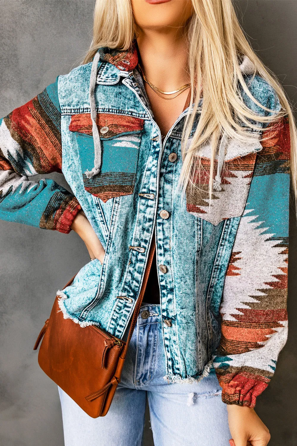 Aztec Print Frayed Hem Denim Jacket