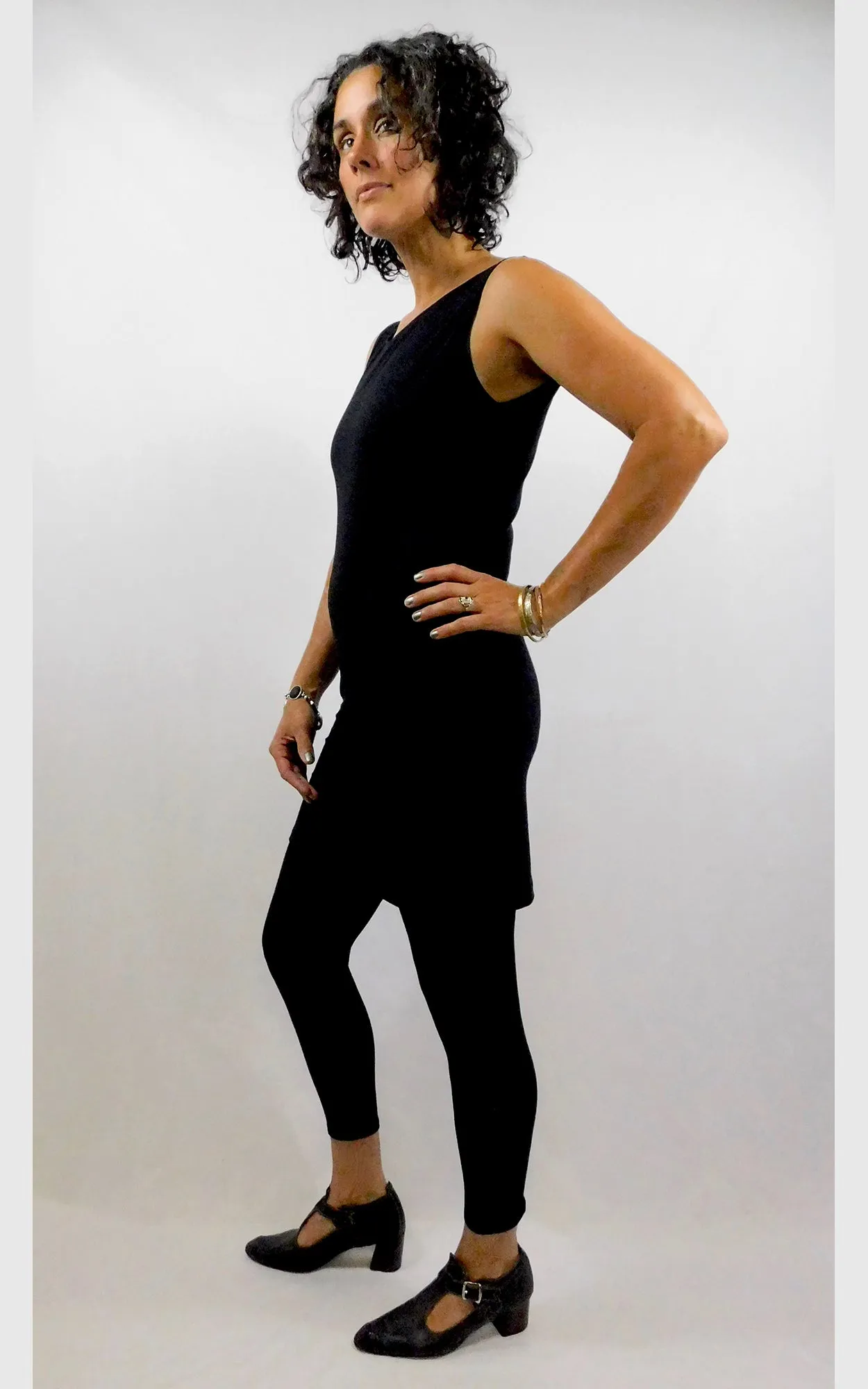 Bamboo Long Crew Slim Tunic Dress - Black