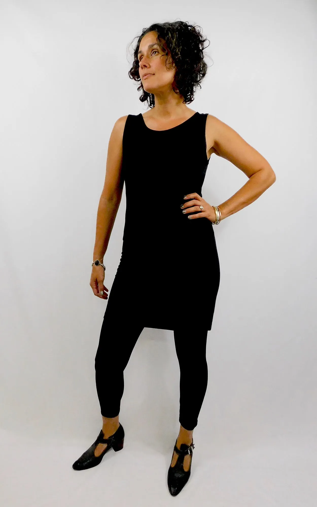 Bamboo Long Crew Slim Tunic Dress - Black