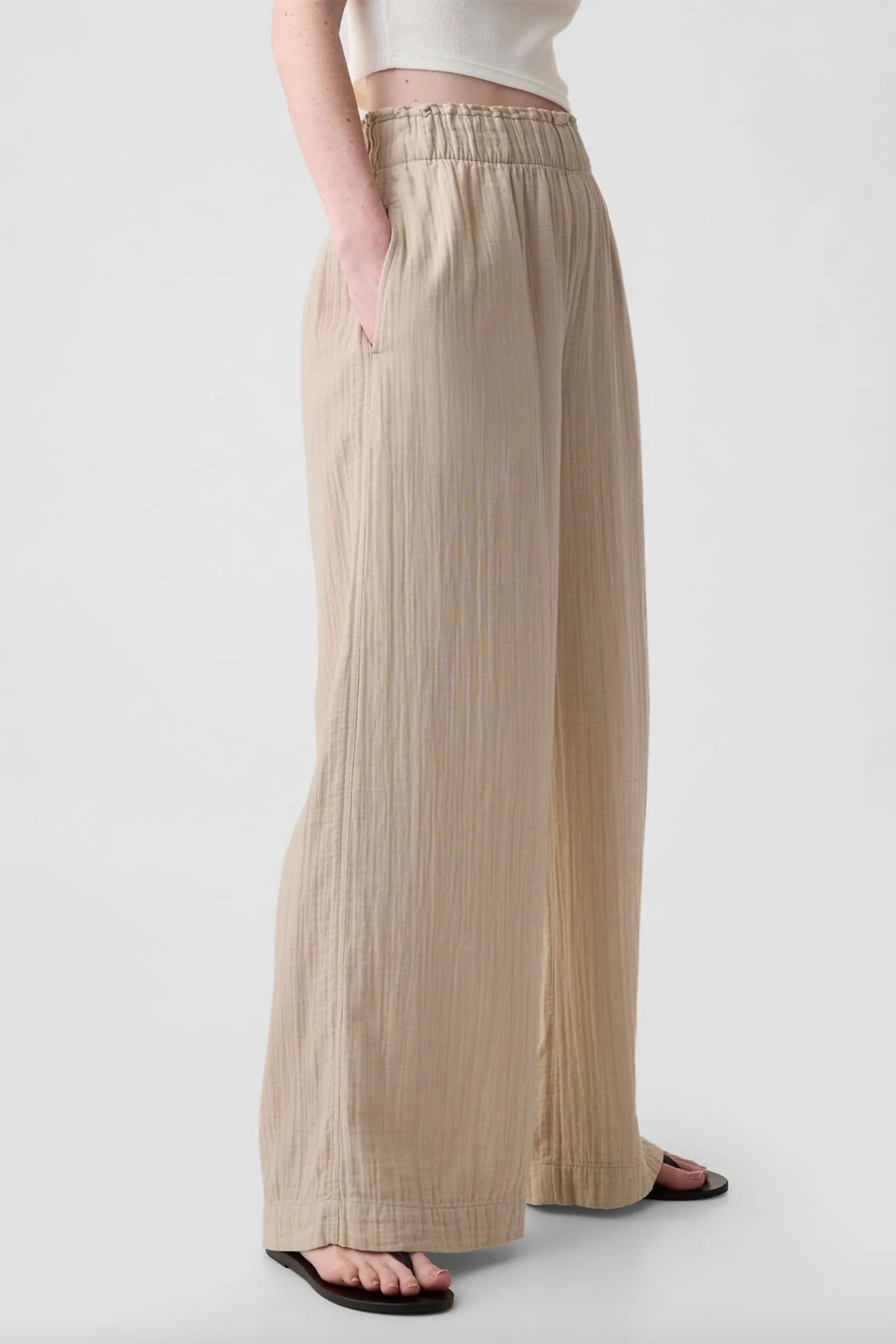 Beige Crinkle Cotton Wide Leg Pull On Trouser