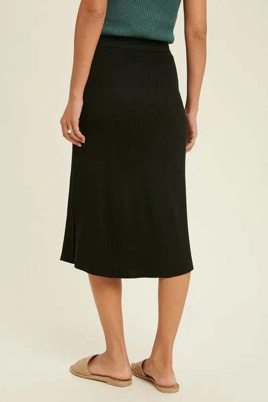 Black Ribbed Midi Sweater Skirt