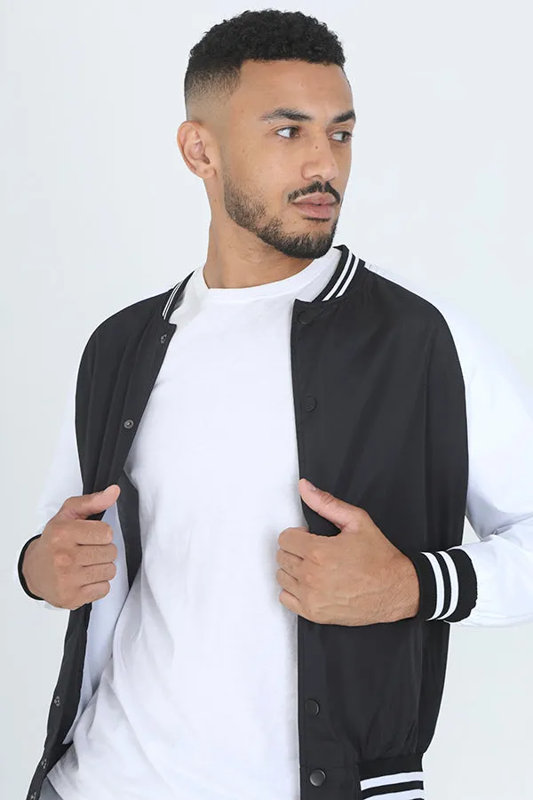 BLACK SOLID STRIPE CONTRAST VARSITY BOMBER JACKET