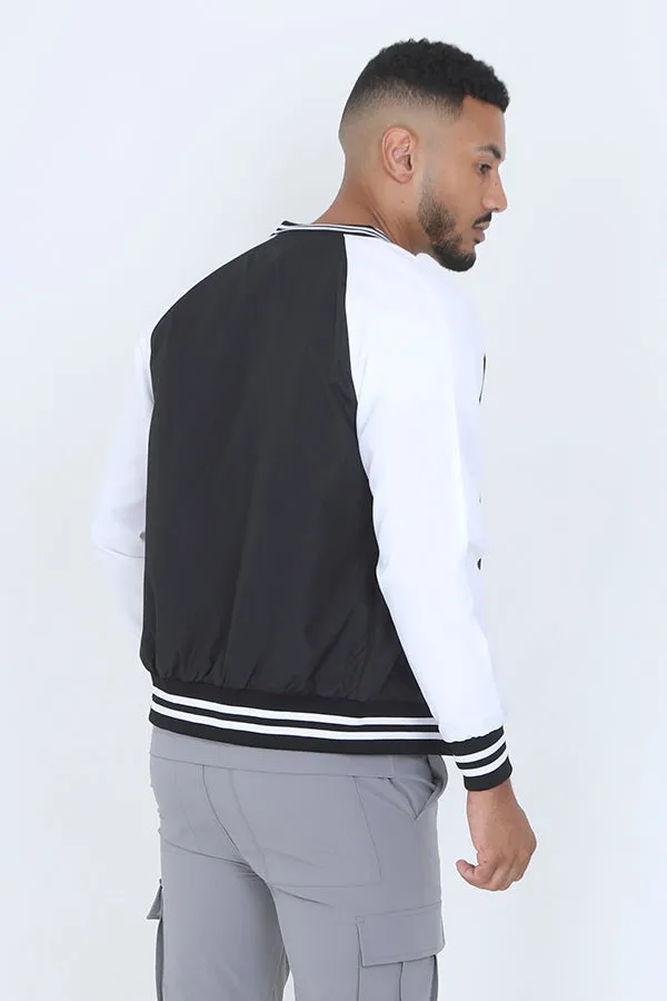 BLACK SOLID STRIPE CONTRAST VARSITY BOMBER JACKET