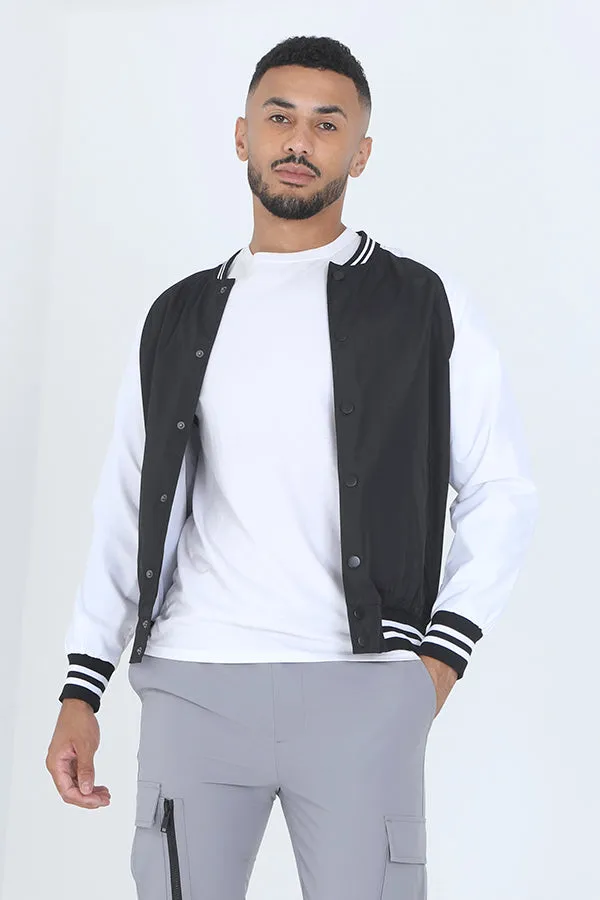 BLACK SOLID STRIPE CONTRAST VARSITY BOMBER JACKET