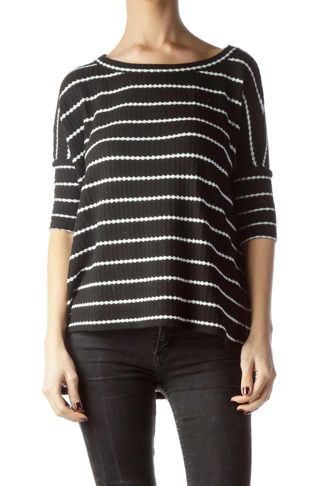 Black White 3/4 Sleeve High-Low Knit Top