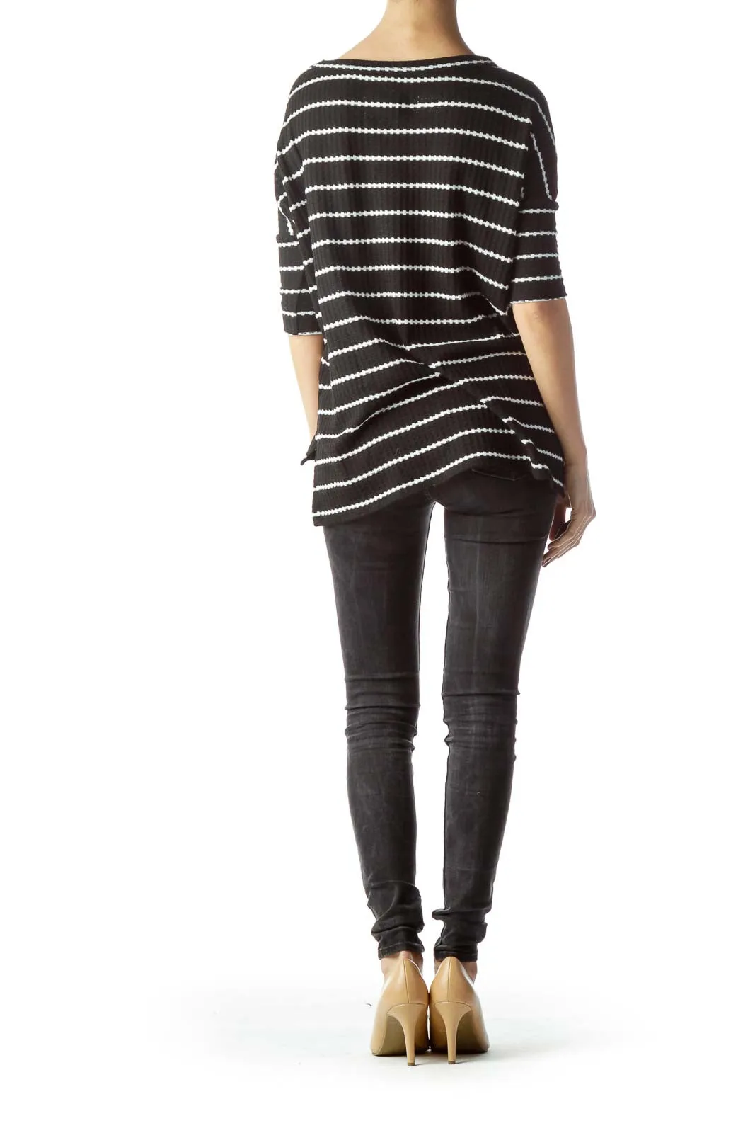 Black White 3/4 Sleeve High-Low Knit Top