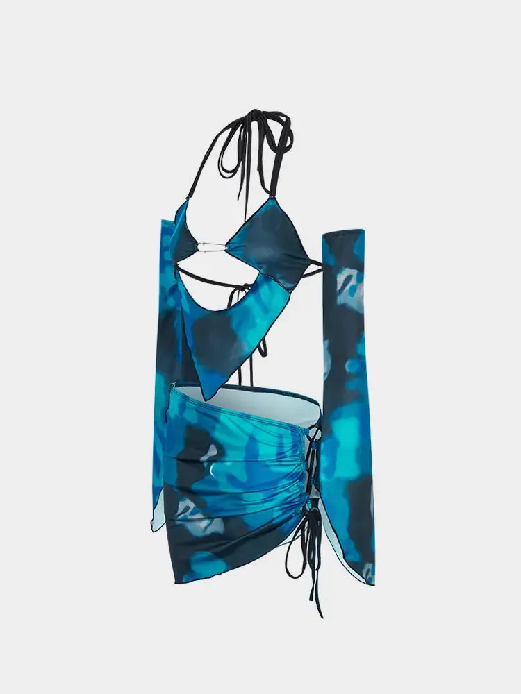 Blue Tie Dye Halter Backless Suit Blue Mini dresses