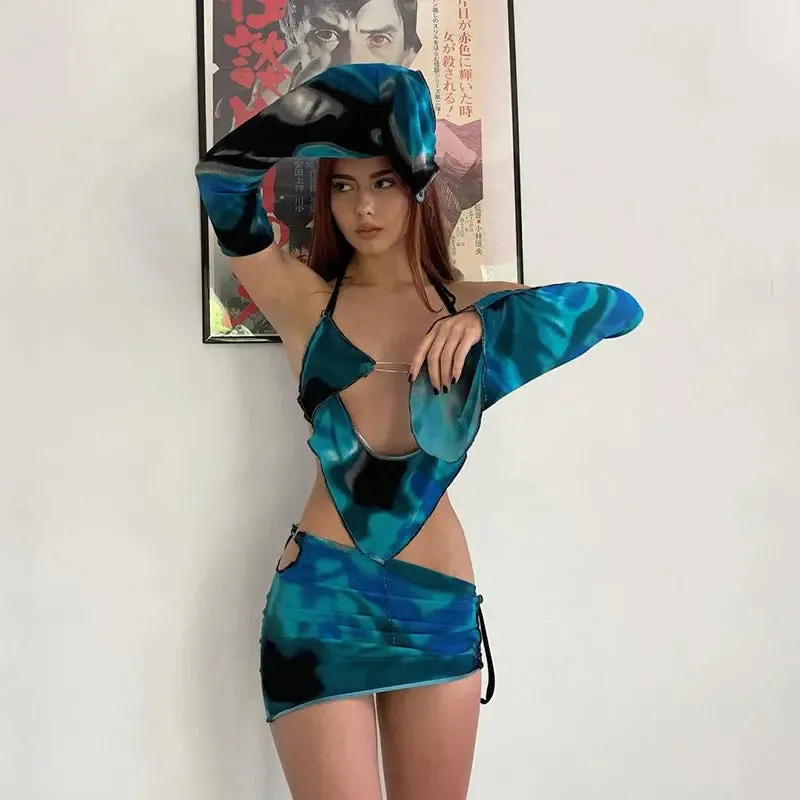 Blue Tie Dye Halter Backless Suit Blue Mini dresses