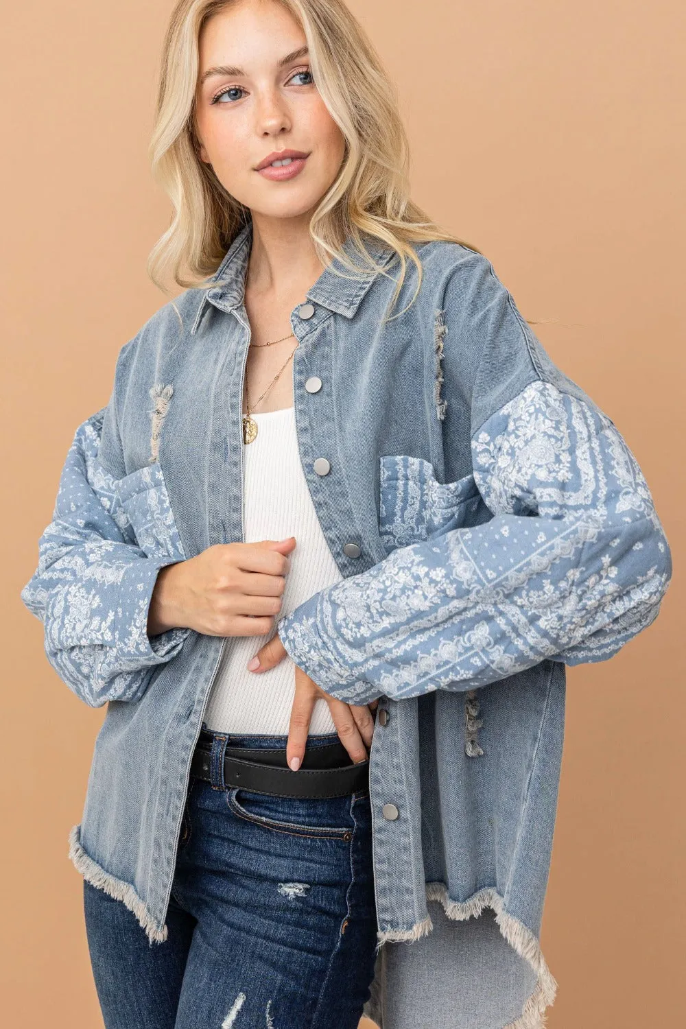 Blue Zone Planet |  And The Why Full Size Paisley Print Quilted Sleeves Denim Jacket