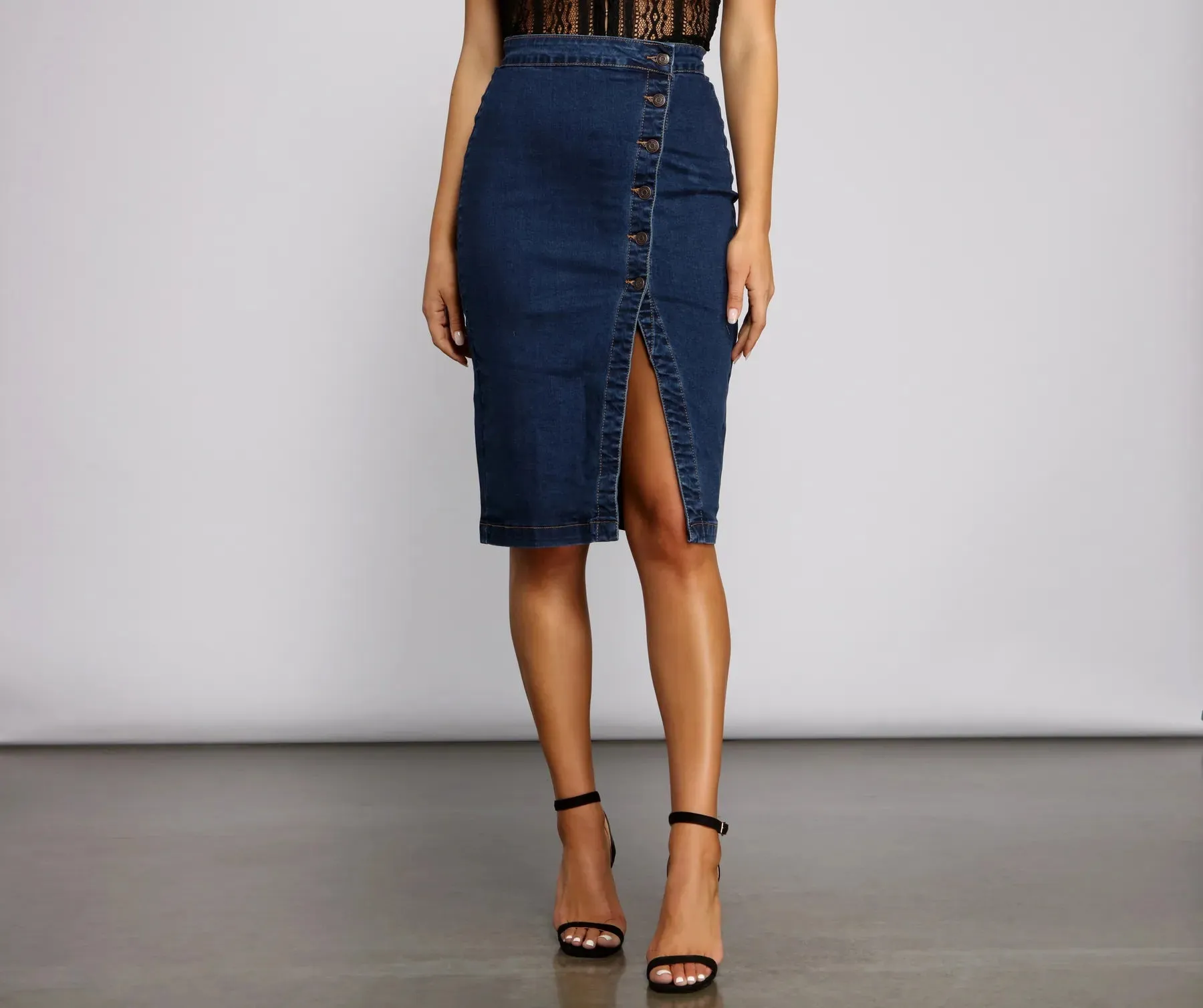 By Your Side Button Down Denim Skirt