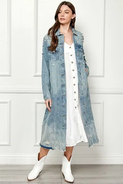 Distressed Raw Hem Pearl Detail Button Up Jacket