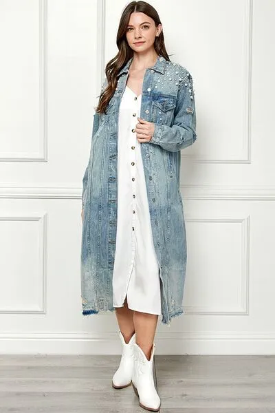 Distressed Raw Hem Pearl Detail Button Up Jacket