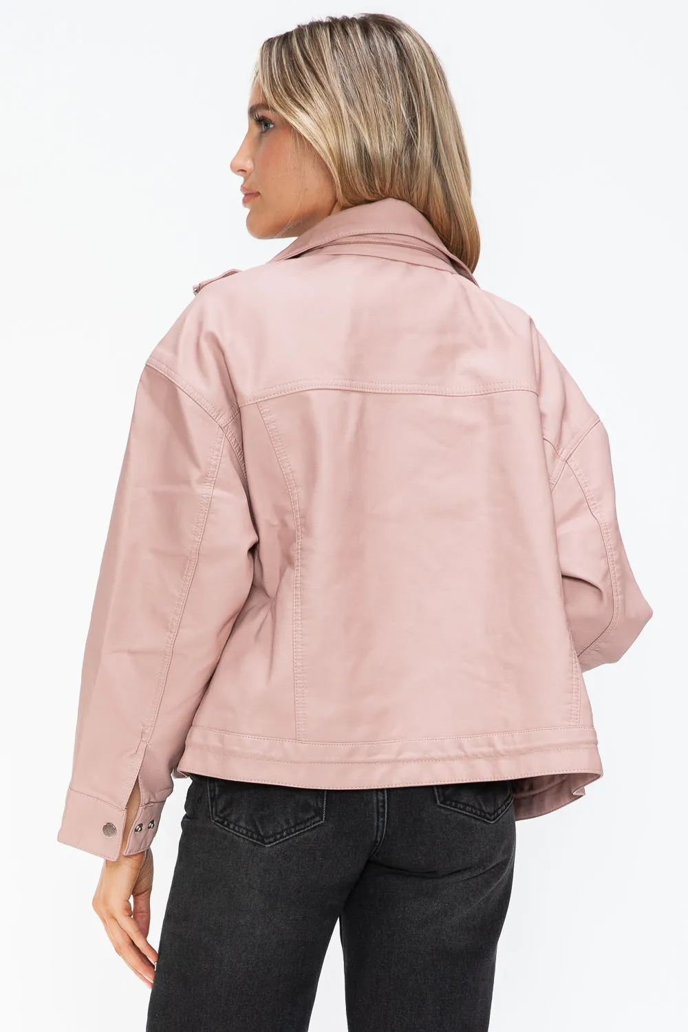 Drawstring Hem PU Leather Zip Up Jacket