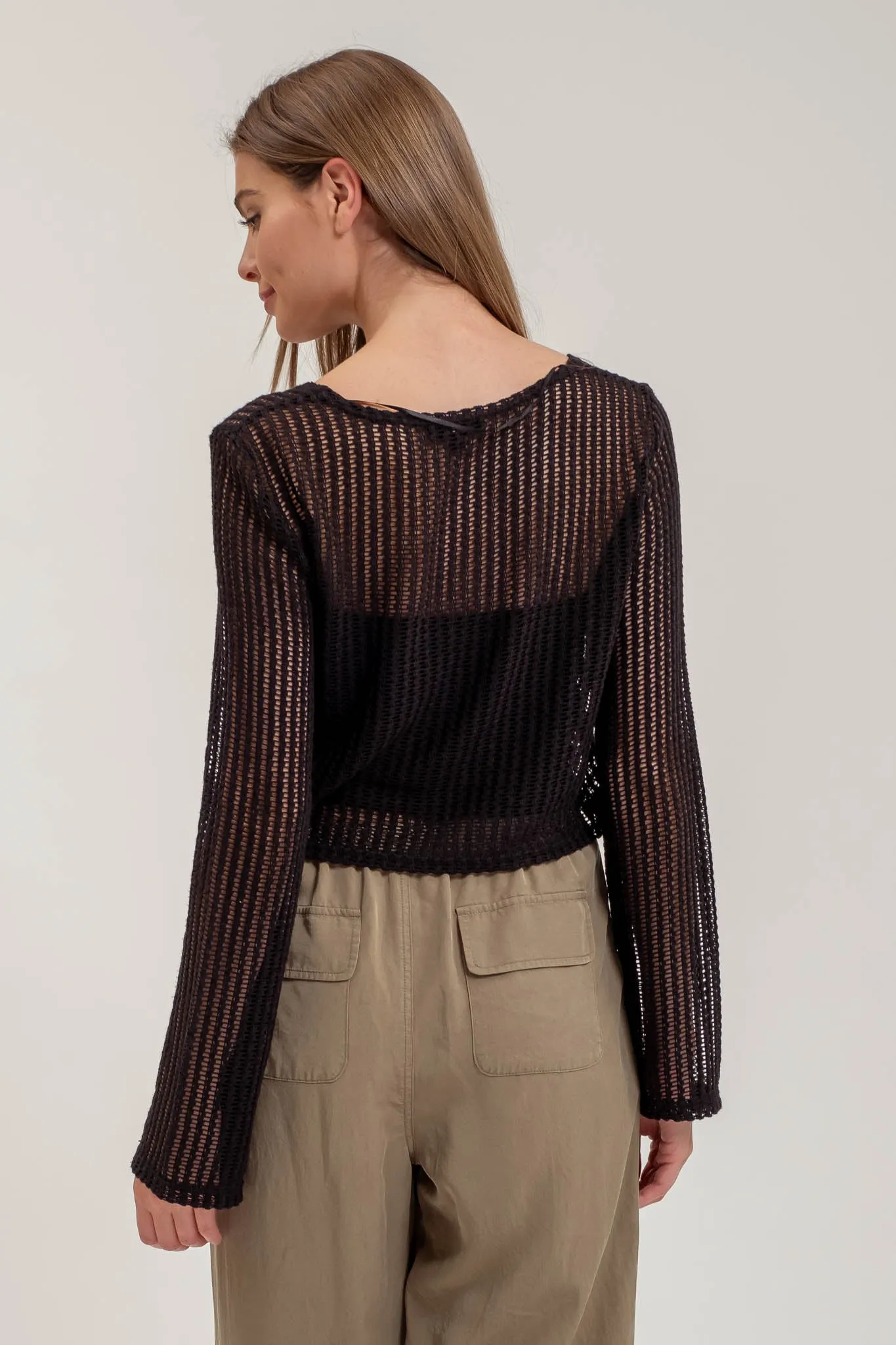 DRAWSTRING LONG SLEEVE SHEER CROCHET TOP