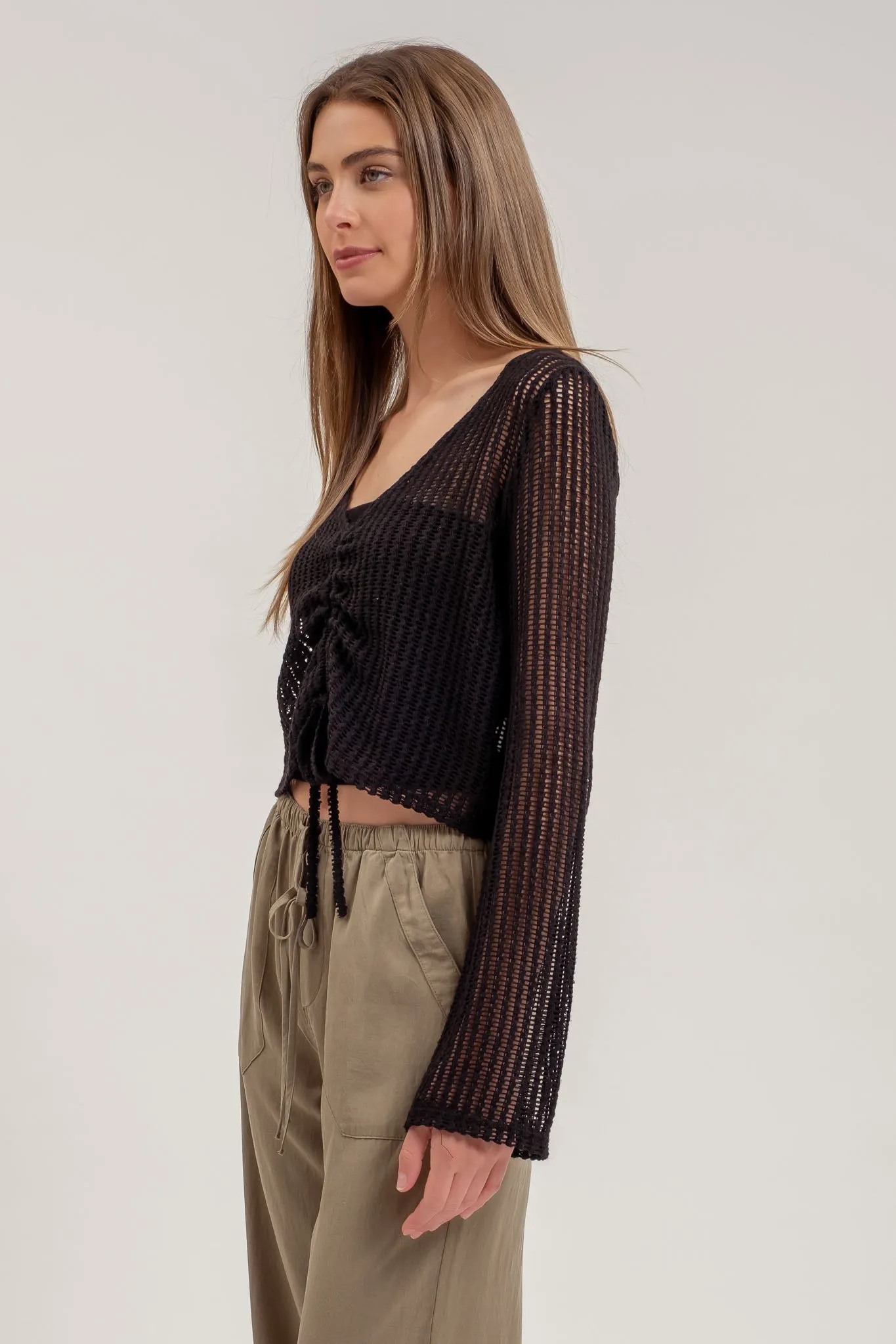 DRAWSTRING LONG SLEEVE SHEER CROCHET TOP