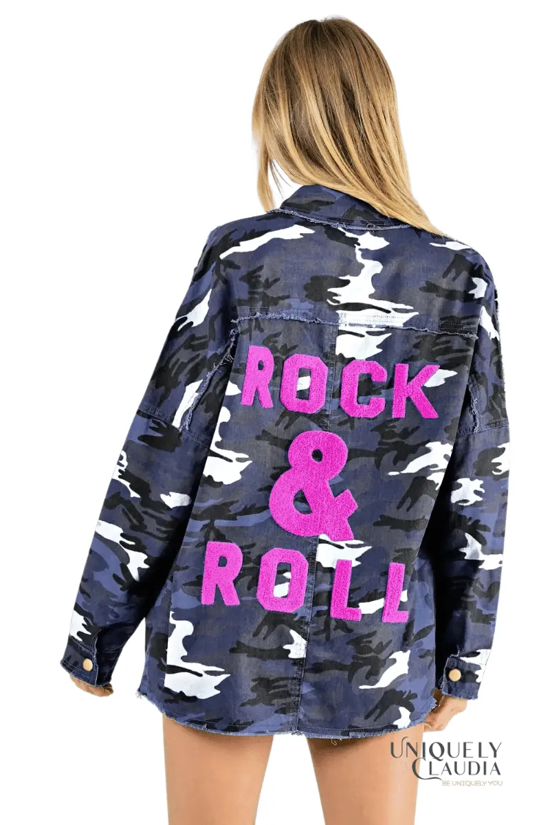 EDGY PLUS: Hallie Army Print Slate Blue Shacket