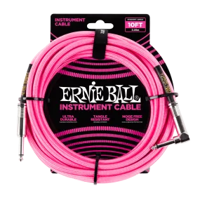 Ernie Ball 10ft Braided Instrument Cable - Straight to Angled - Neon Pink