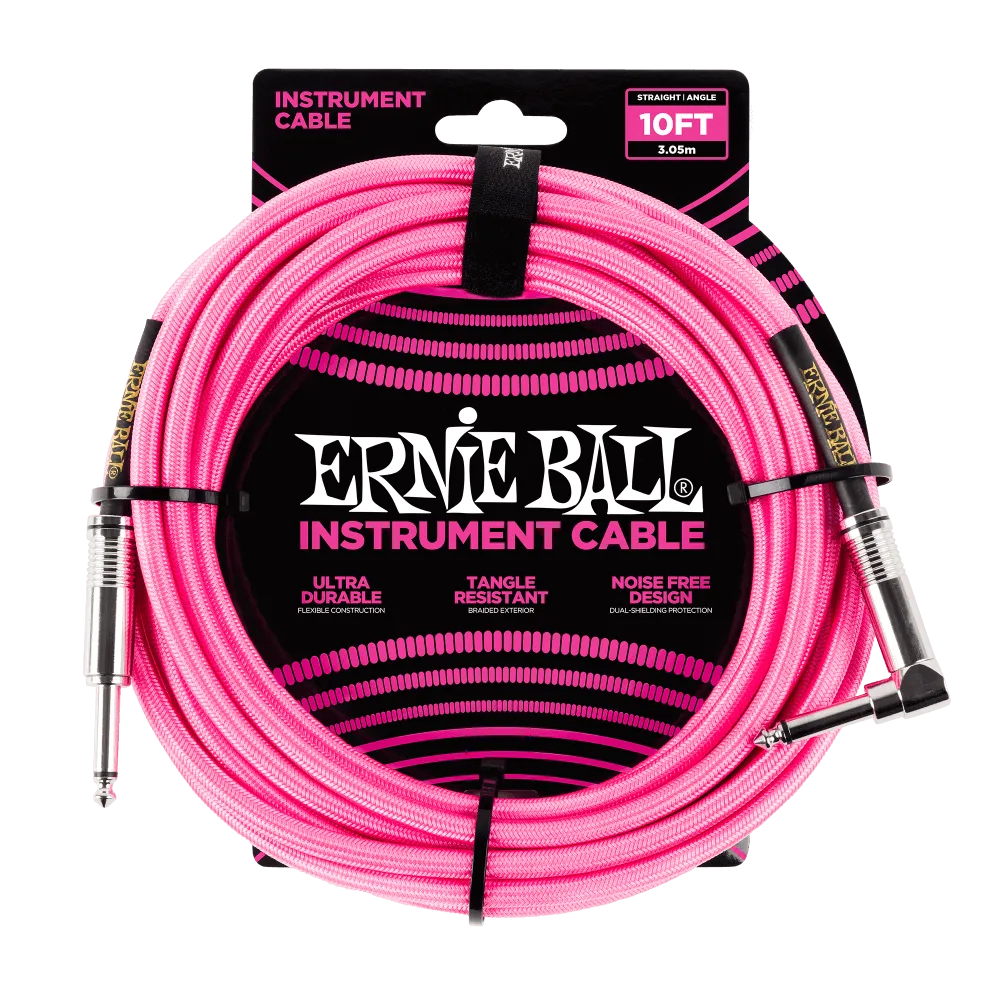 Ernie Ball 10ft Braided Instrument Cable - Straight to Angled - Neon Pink