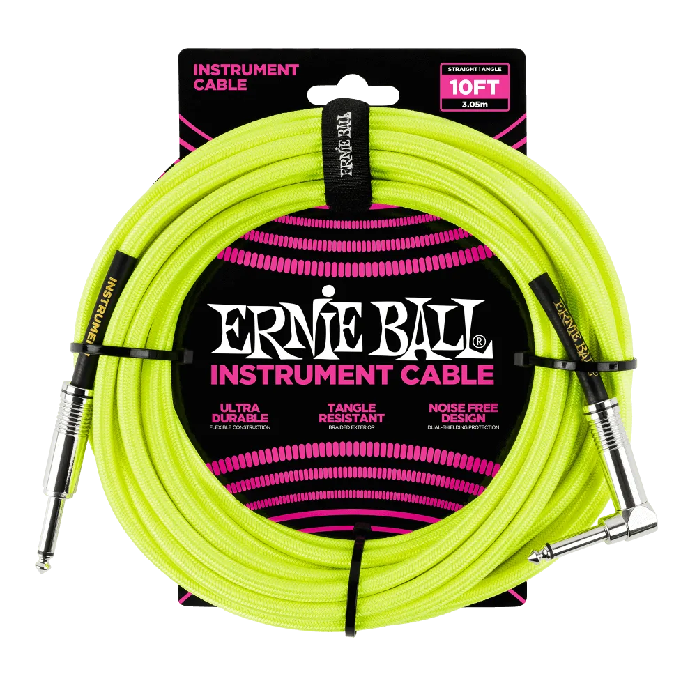 Ernie Ball 10ft Braided Instrument Cable - Straight to Angled - Neon Yellow