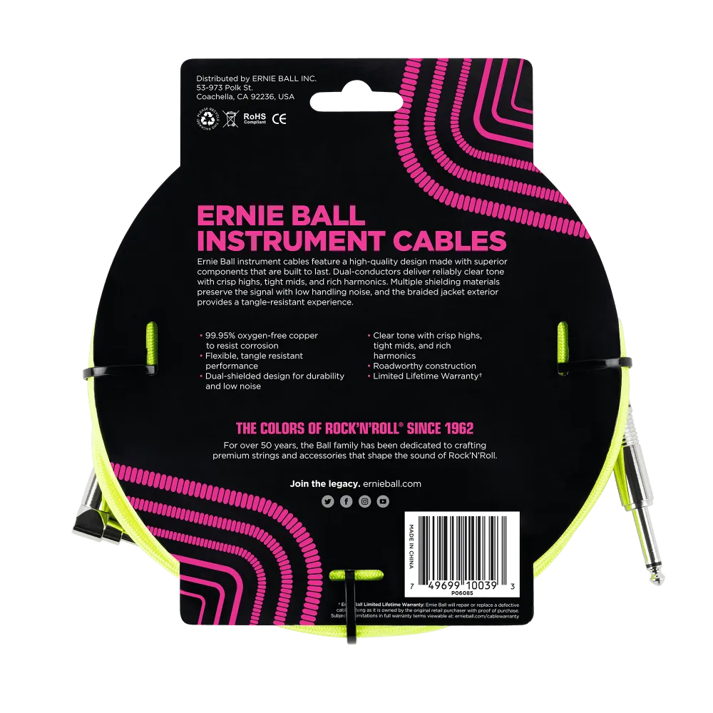 Ernie Ball 18 Braided Straight / Angle Instrument Cable Neon - Yellow