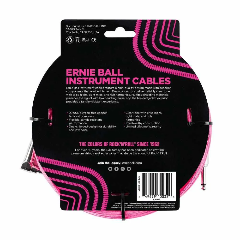 Ernie Ball 3 Meters Braided Straight / Angle Instrument Cable, Neon Pink