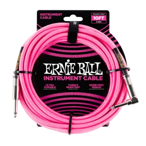 Ernie Ball 6078EB Straight/Angle Braided Cable (Neon Pink) - 10'