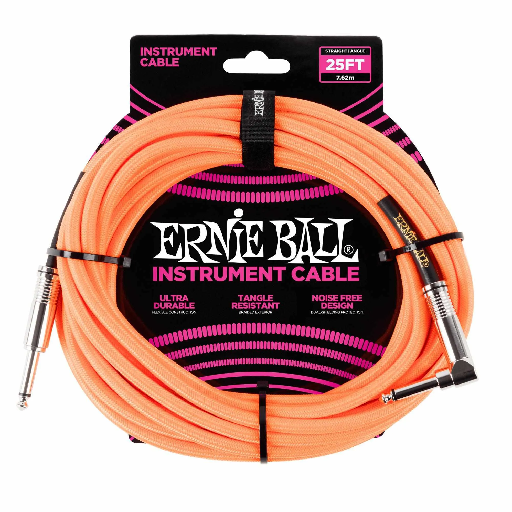 Ernie Ball 7.5 Meter Braided Straight / Angle Instrument Cable, Neon Orange