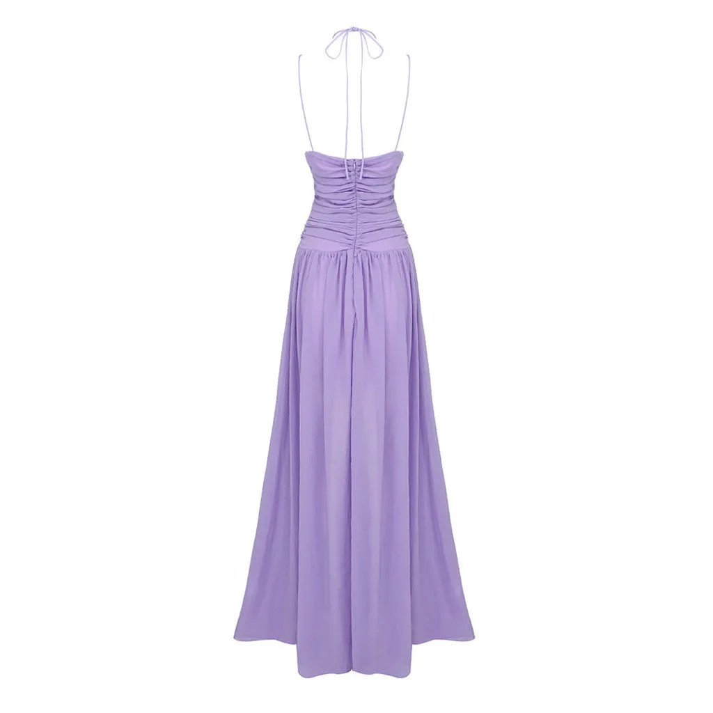 Ethereal Halter Cinched Neck Cutout Ruched Chiffon Sleeveless Maxi Evening Dress