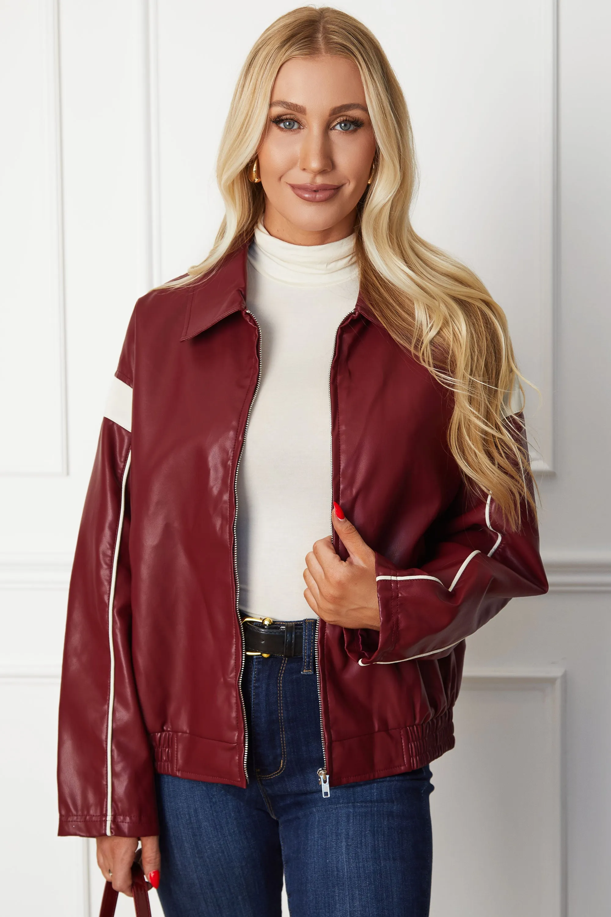 Eugenia Burgundy Vegan Leather Racer Jacket