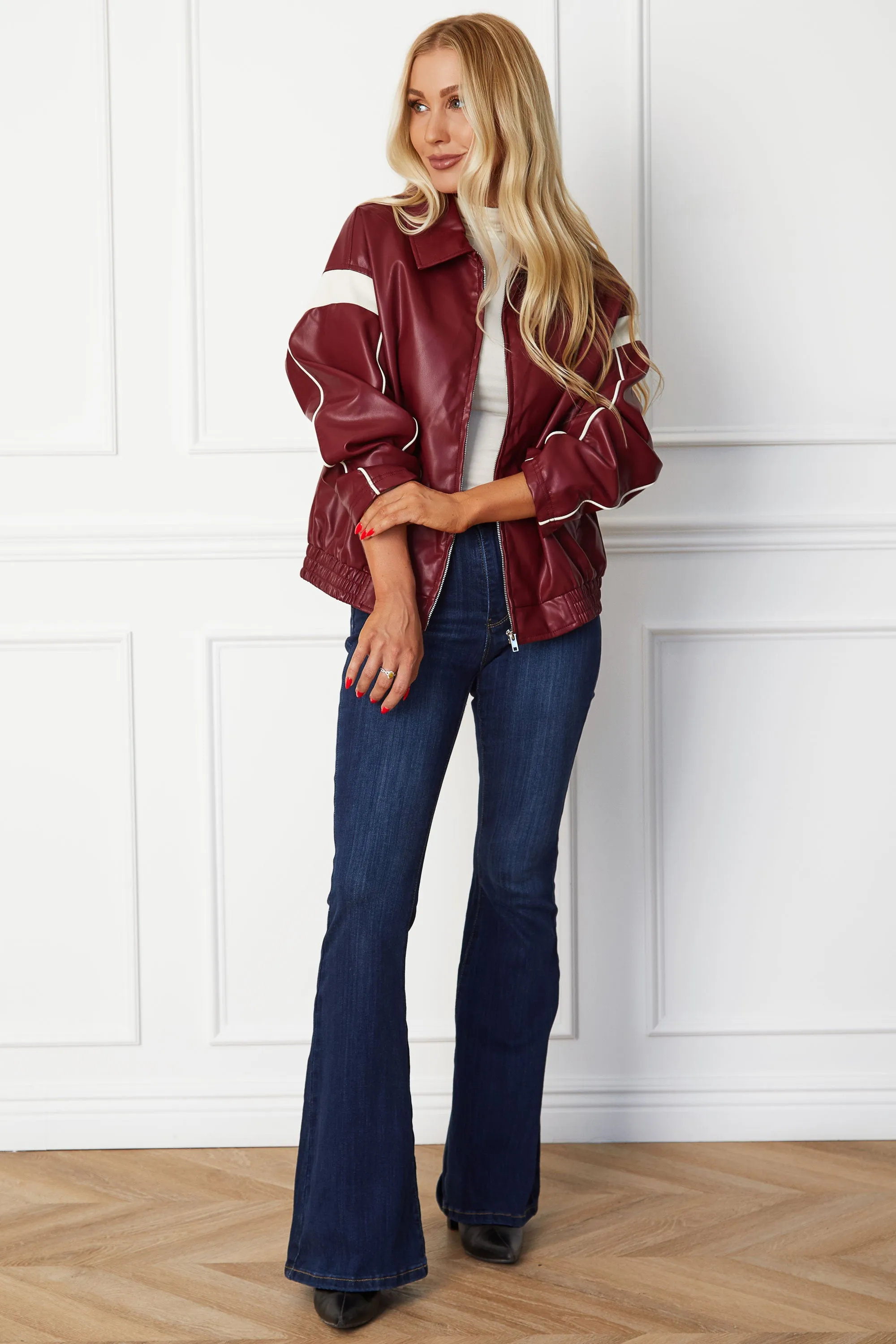 Eugenia Burgundy Vegan Leather Racer Jacket