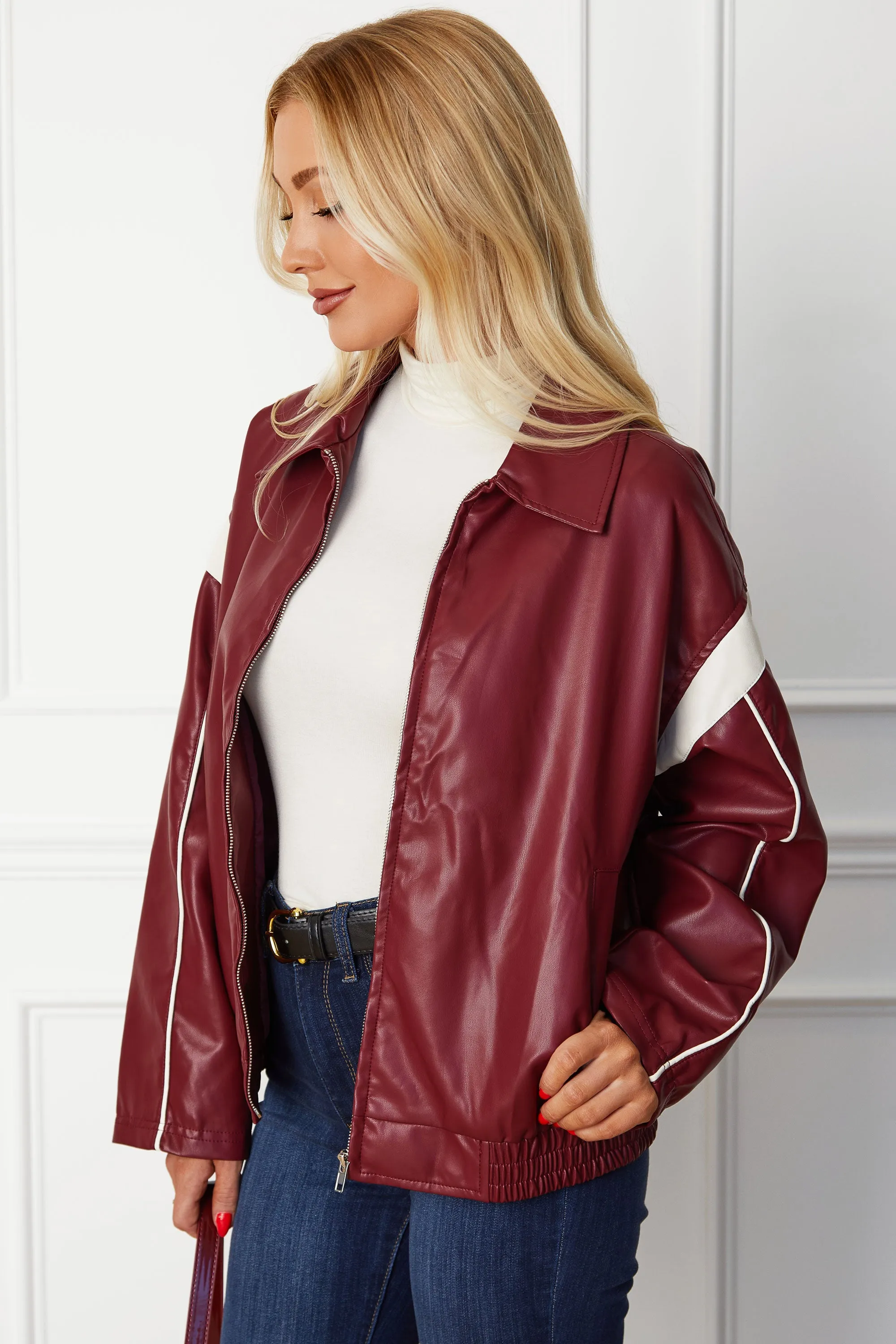 Eugenia Burgundy Vegan Leather Racer Jacket