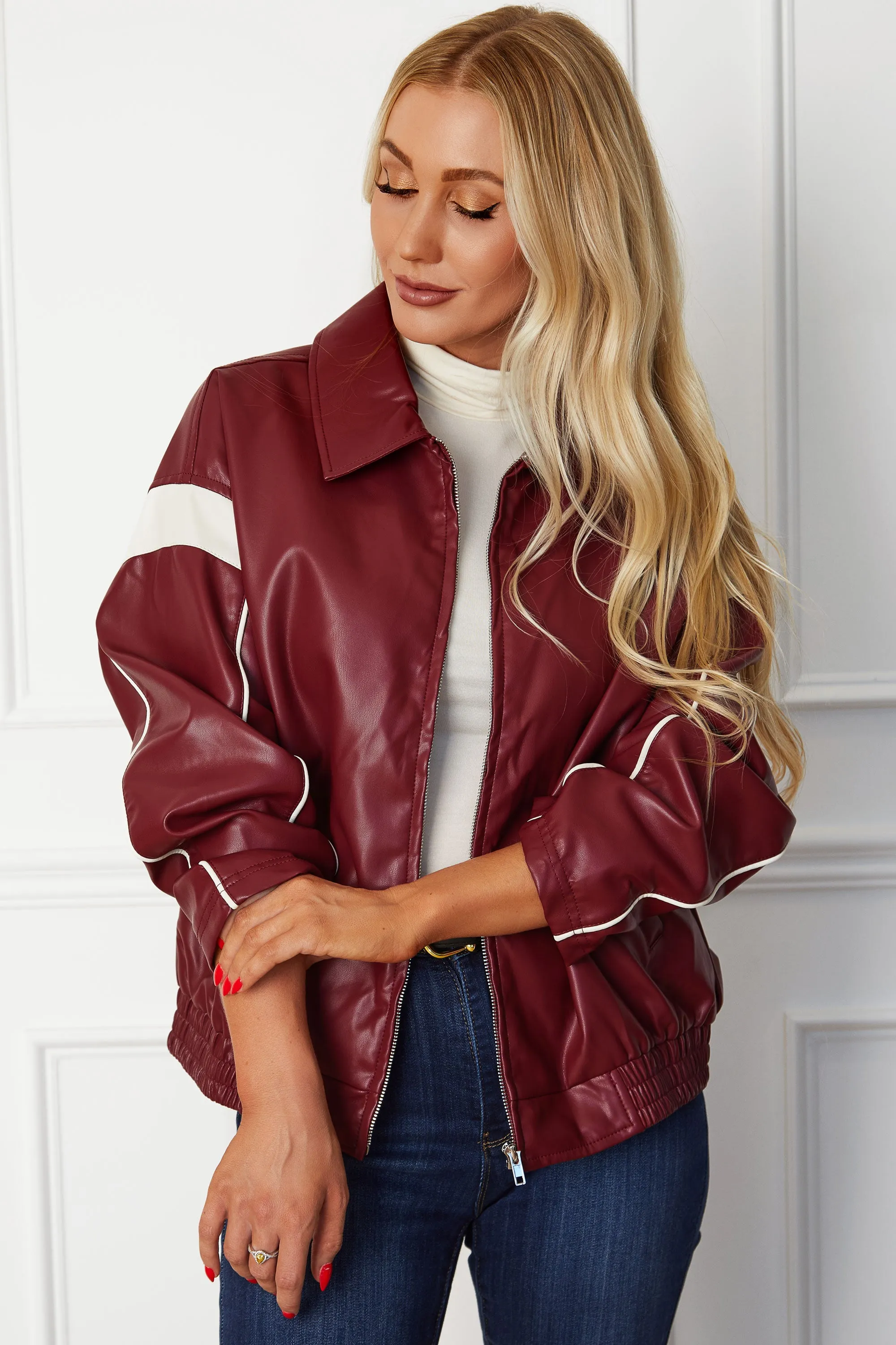 Eugenia Burgundy Vegan Leather Racer Jacket