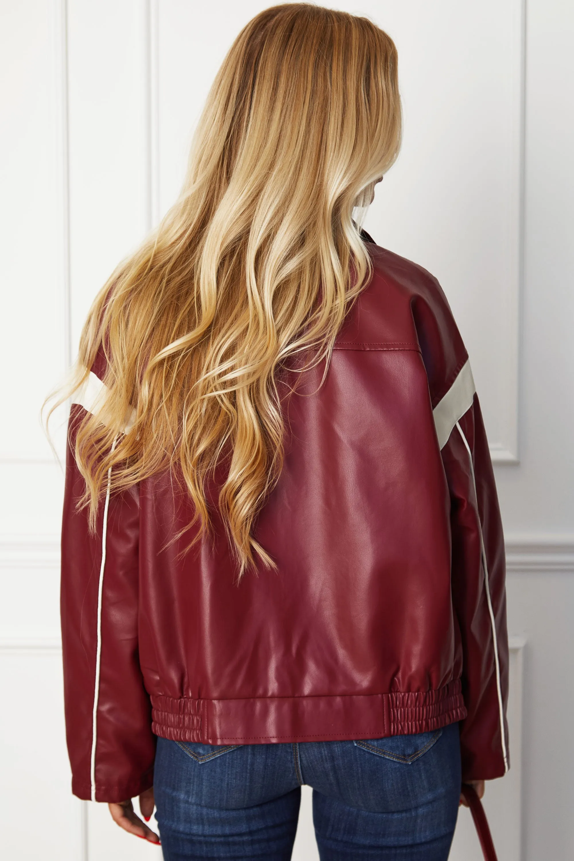 Eugenia Burgundy Vegan Leather Racer Jacket