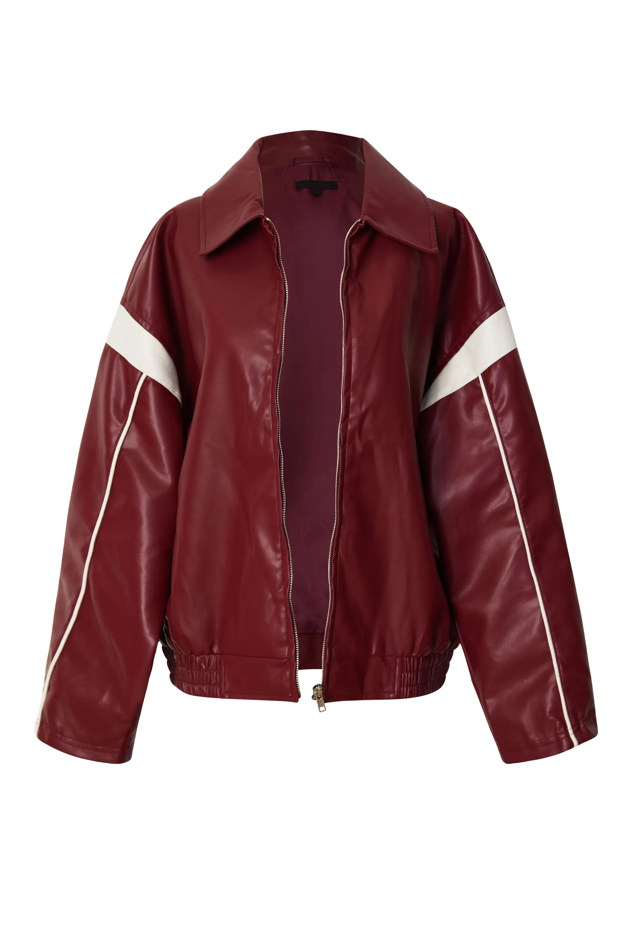 Eugenia Burgundy Vegan Leather Racer Jacket