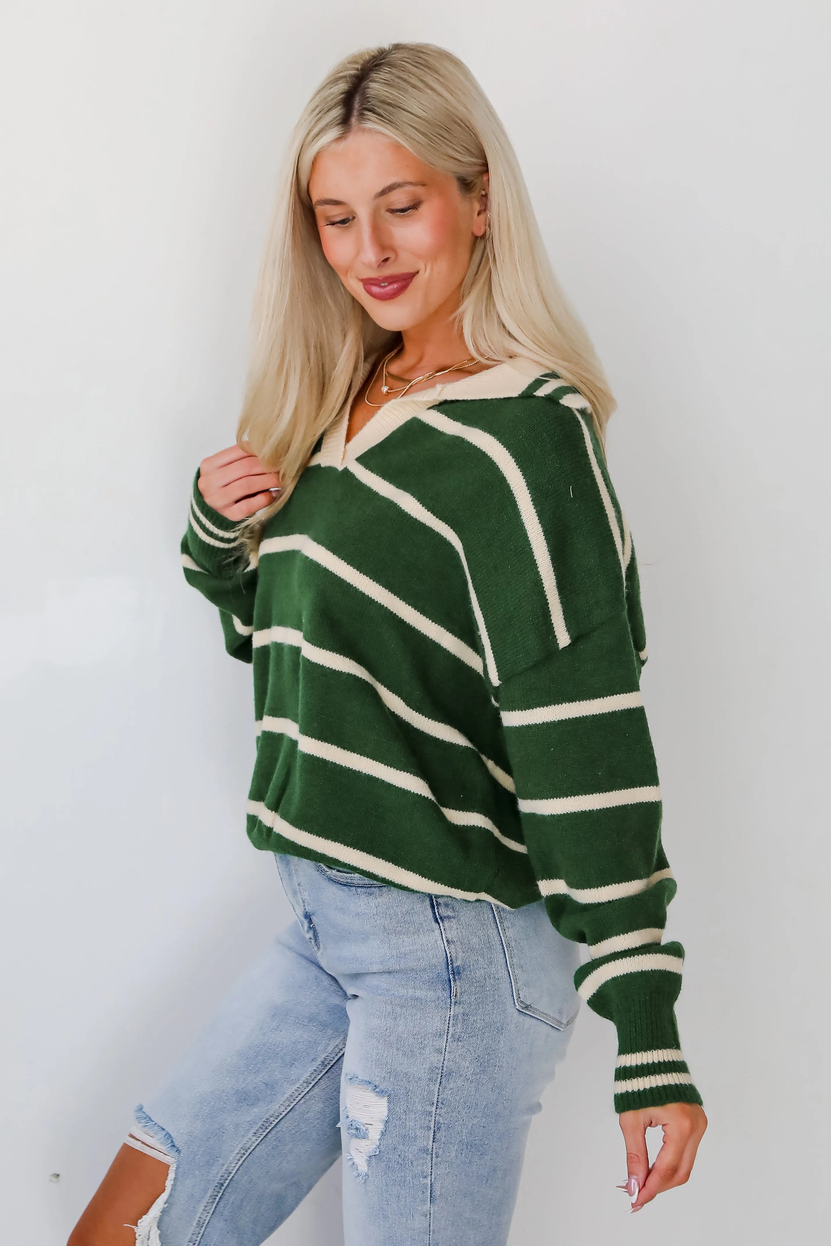 Fashionable Outcome Green Striped Collared Sweater