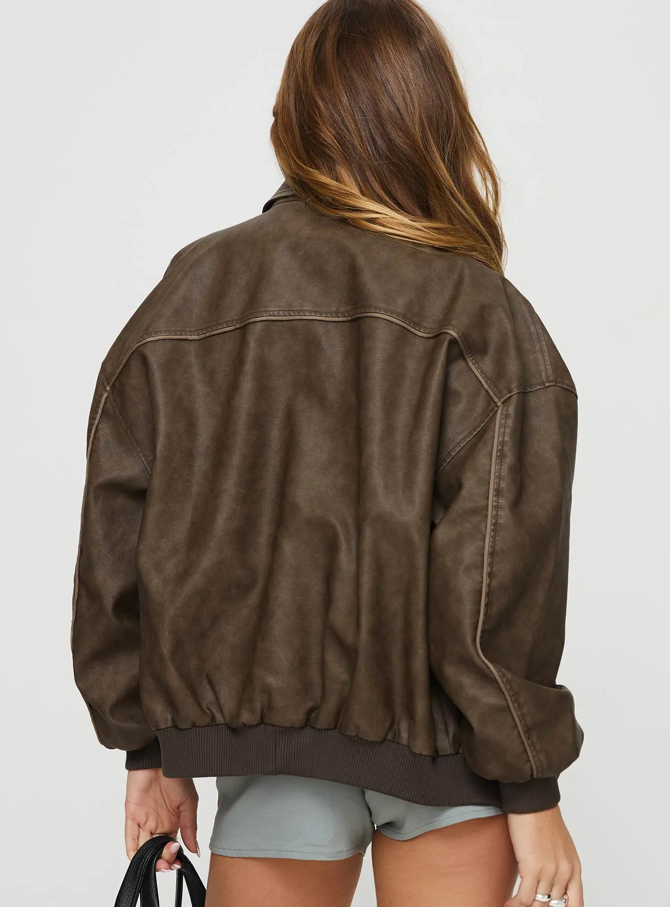 Fashionkova Goldsmith Faux Leather Bomber Jacket Washed Dark Brown