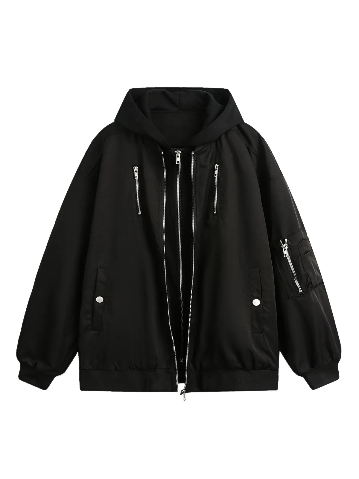 Faux Two-Piece Multi Pocket Spliced Hooded Bomber Jacket