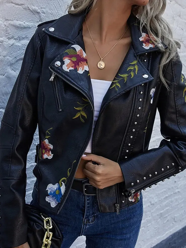 Floral Print Faux Leather Jacket