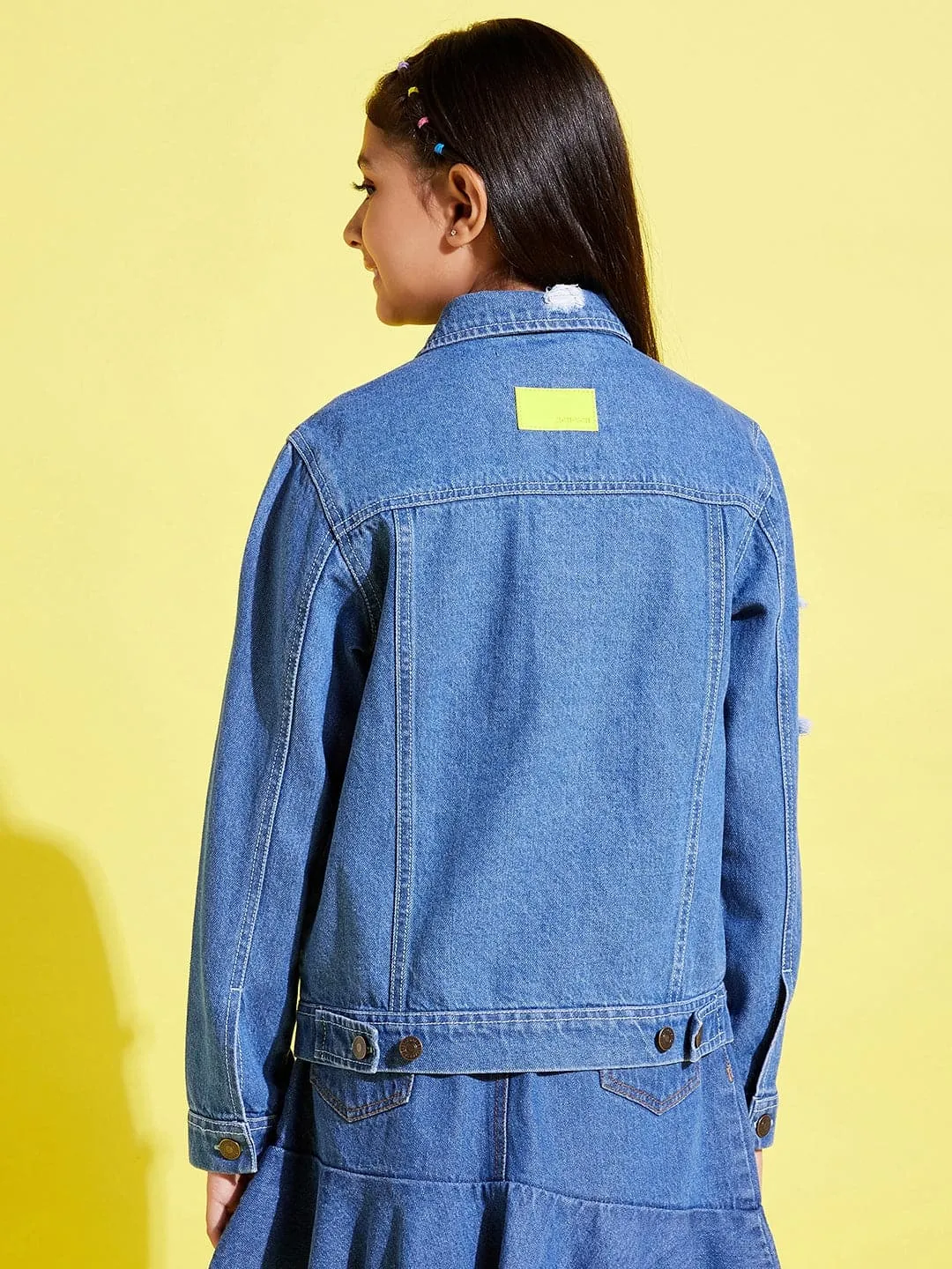 Girls Blue Distressed Neon Button Denim Jacket - Lyush Kids