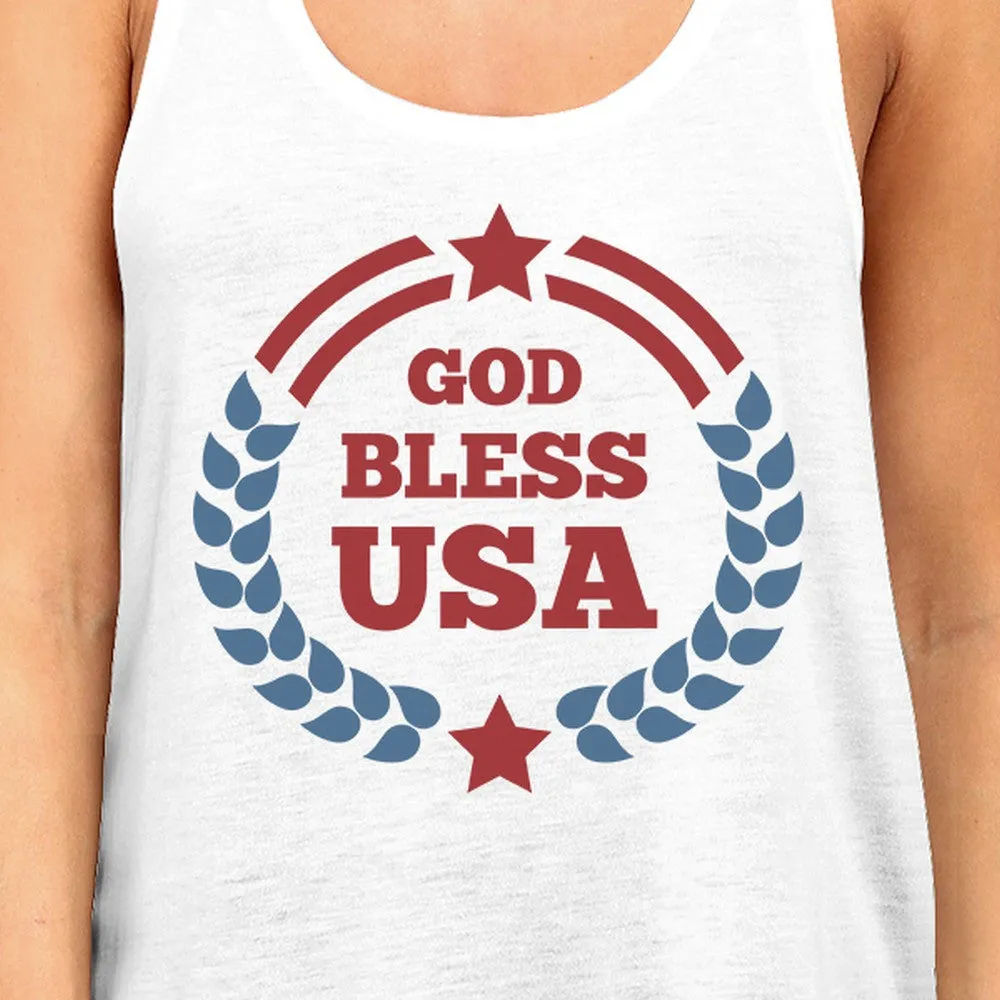 God Bless USA Womens White Cotton Tank Top Independence Day Gifts